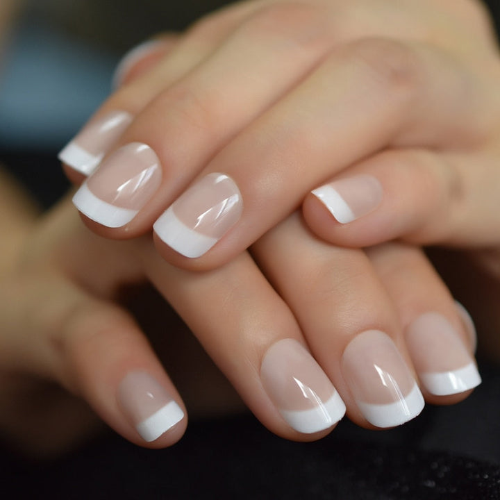 Summer Short Natural Nude White French Nail Tips False Fake Nails UV Gel Press on Ultra Easy Wear for Home Office Wear