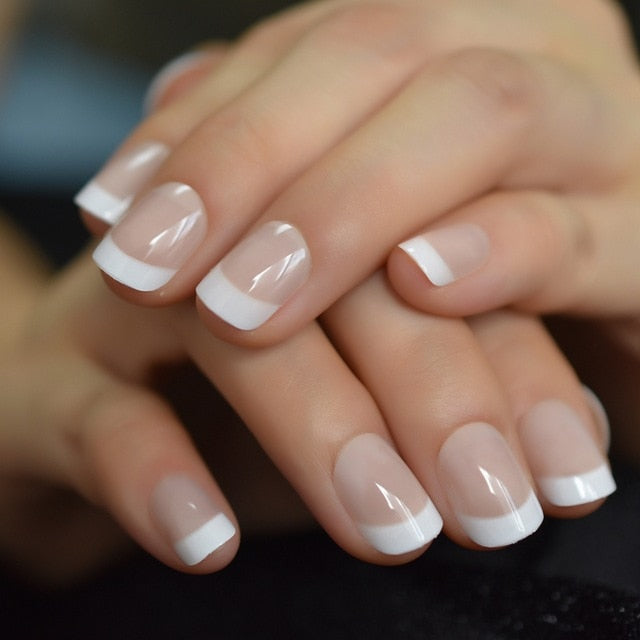 Summer Short Natural Nude White French Nail Tips False Fake Nails UV Gel Press on Ultra Easy Wear for Home Office Wear