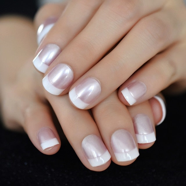 Summer Short Natural Nude White French Nail Tips False Fake Nails UV Gel Press on Ultra Easy Wear for Home Office Wear
