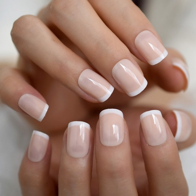 Summer Short Natural Nude White French Nail Tips False Fake Nails UV Gel Press on Ultra Easy Wear for Home Office Wear