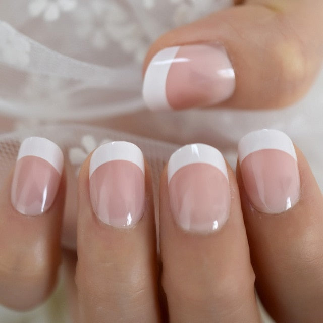Summer Short Natural Nude White French Nail Tips False Fake Nails UV Gel Press on Ultra Easy Wear for Home Office Wear