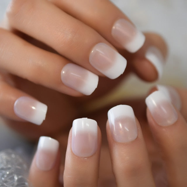 Summer Short Natural Nude White French Nail Tips False Fake Nails UV Gel Press on Ultra Easy Wear for Home Office Wear