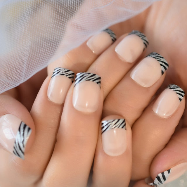 Summer Short Natural Nude White French Nail Tips False Fake Nails UV Gel Press on Ultra Easy Wear for Home Office Wear