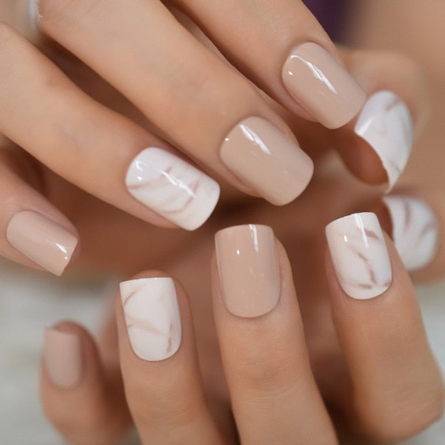 Summer Short Natural Nude White French Nail Tips False Fake Nails UV Gel Press on Ultra Easy Wear for Home Office Wear