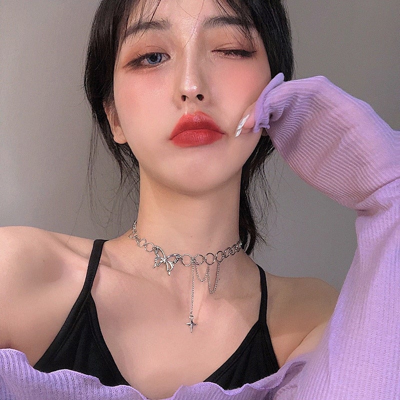 Kpop Harajuku Goth Hollow Butterfly Cross Long Tassel Punk Clavicle Chain Choker Necklace For Women Egirl Street Fashion Jewelry