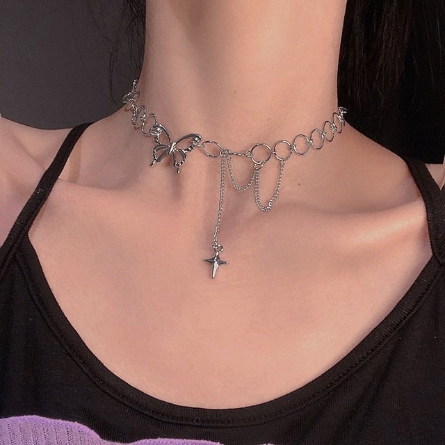 Kpop Harajuku Goth Hollow Butterfly Cross Long Tassel Punk Clavicle Chain Choker Necklace For Women Egirl Street Fashion Jewelry