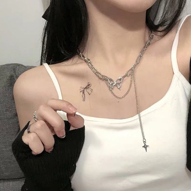 Kpop Harajuku Goth Hollow Butterfly Cross Long Tassel Punk Clavicle Chain Choker Necklace For Women Egirl Street Fashion Jewelry