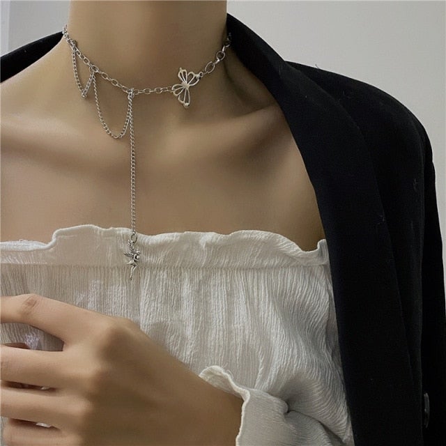 Kpop Harajuku Goth Hollow Butterfly Cross Long Tassel Punk Clavicle Chain Choker Necklace For Women Egirl Street Fashion Jewelry