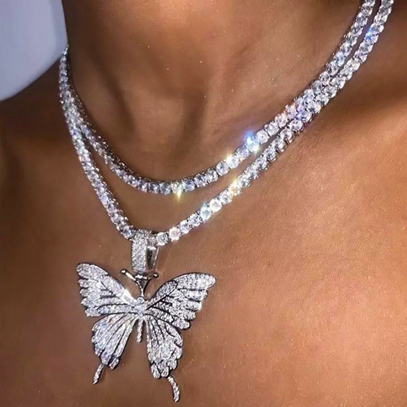Shiny Big Butterfly Pendant Necklace Rhinestone Chain For Women Bling Tennis Chain Crystal Choker Necklaces Temperament Jewelry