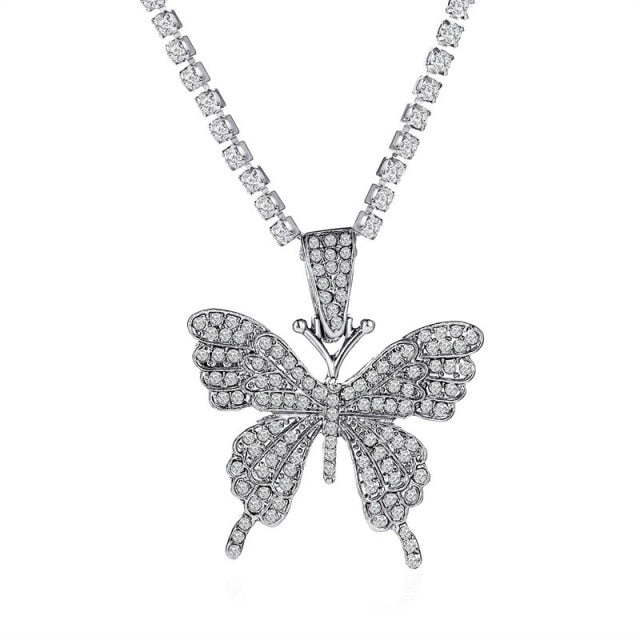 Shiny Big Butterfly Pendant Necklace Rhinestone Chain For Women Bling Tennis Chain Crystal Choker Necklaces Temperament Jewelry