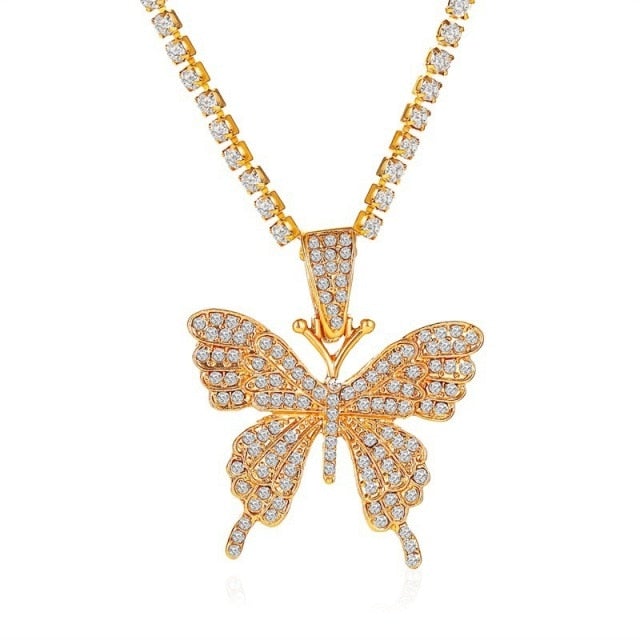 Shiny Big Butterfly Pendant Necklace Rhinestone Chain For Women Bling Tennis Chain Crystal Choker Necklaces Temperament Jewelry