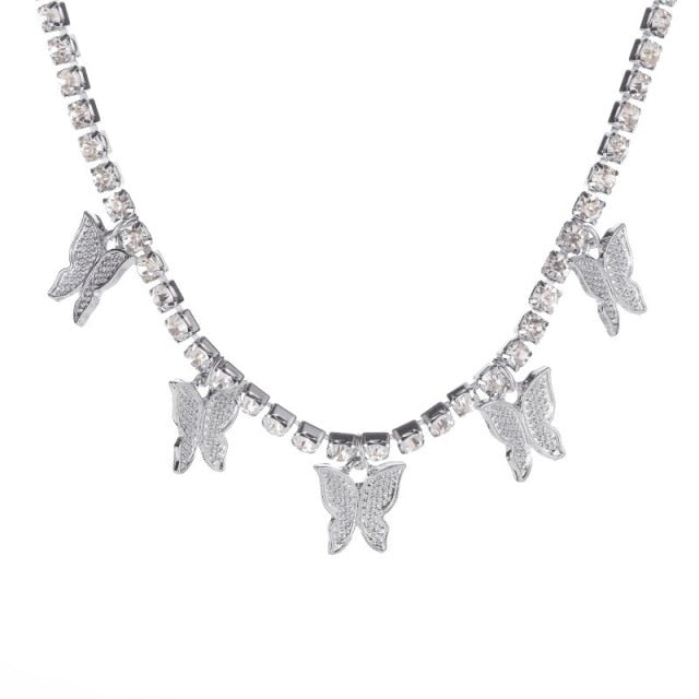 Shiny Big Butterfly Pendant Necklace Rhinestone Chain For Women Bling Tennis Chain Crystal Choker Necklaces Temperament Jewelry
