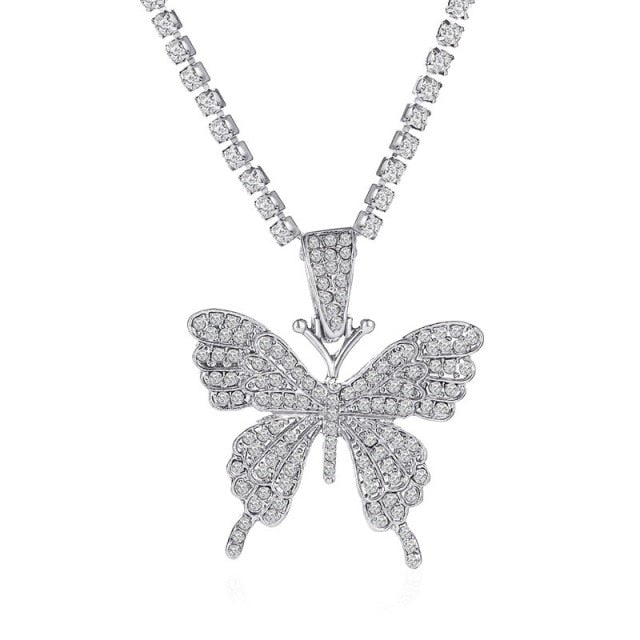 Shiny Big Butterfly Pendant Necklace Rhinestone Chain For Women Bling Tennis Chain Crystal Choker Necklaces Temperament Jewelry
