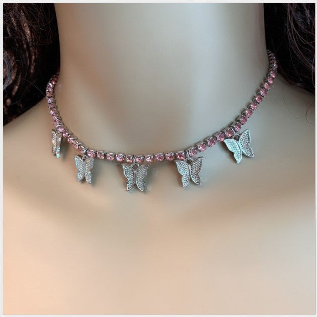 Shiny Big Butterfly Pendant Necklace Rhinestone Chain For Women Bling Tennis Chain Crystal Choker Necklaces Temperament Jewelry