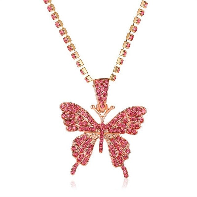 Shiny Big Butterfly Pendant Necklace Rhinestone Chain For Women Bling Tennis Chain Crystal Choker Necklaces Temperament Jewelry