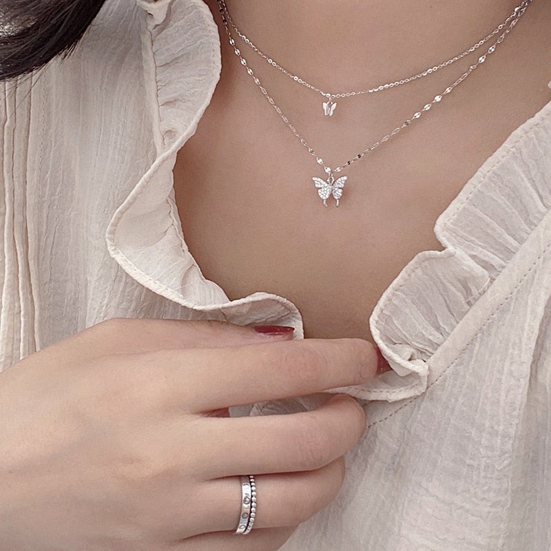 925 Sterling Silver Multi-Layer Link Chain Butterfly Charm Pendant Choker Necklace For Women Statement  Jewelry dz788