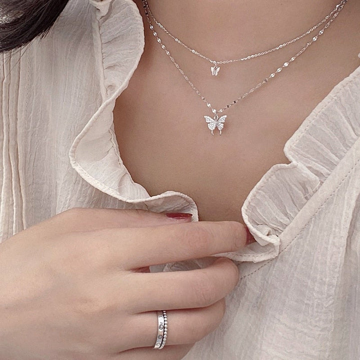 925 Sterling Silver Multi-Layer Link Chain Butterfly Charm Pendant Choker Necklace For Women Statement  Jewelry dz788