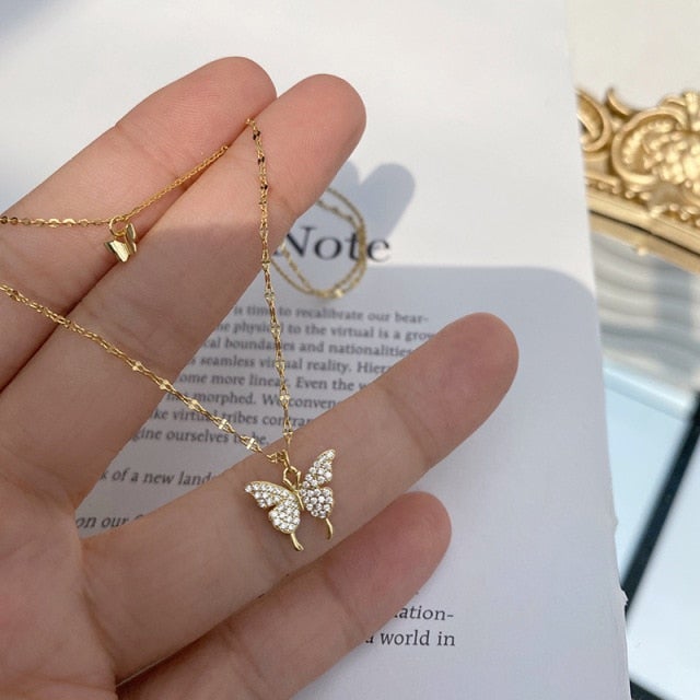 925 Sterling Silver Multi-Layer Link Chain Butterfly Charm Pendant Choker Necklace For Women Statement  Jewelry dz788