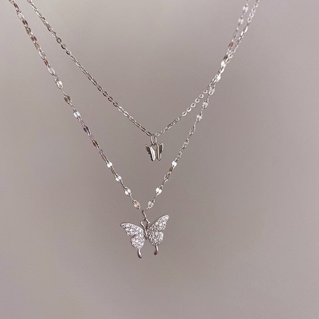 925 Sterling Silver Multi-Layer Link Chain Butterfly Charm Pendant Choker Necklace For Women Statement  Jewelry dz788