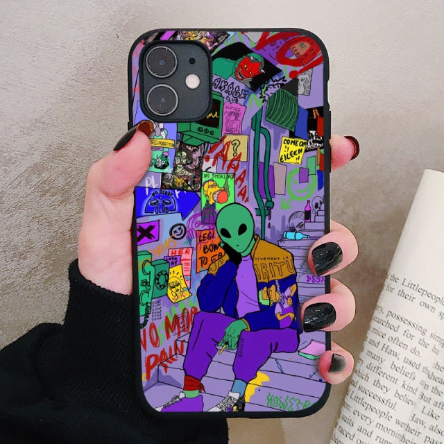 Aesthetics Cute Cartoon alien space Silicone Phone Case For iPhone 12 11 Pro Xs Max 6s 7 8 Plus SE2020 Soft TPU Back Cover