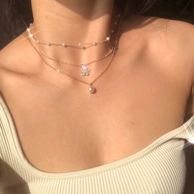 VKME Trendy Multilayered Butterfly Pearl Necklace For Women Fashion Sun Star Gold Pearl Choker Necklaces 2021 Trend Jewelry Gift