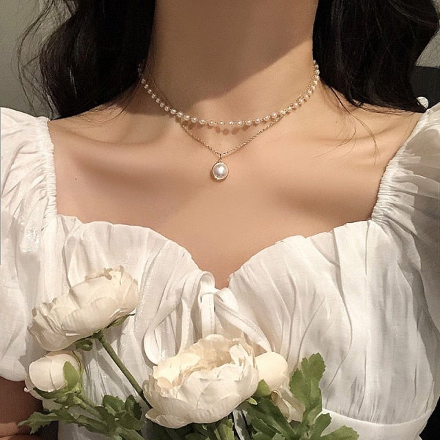 VKME Trendy Multilayered Butterfly Pearl Necklace For Women Fashion Sun Star Gold Pearl Choker Necklaces 2021 Trend Jewelry Gift
