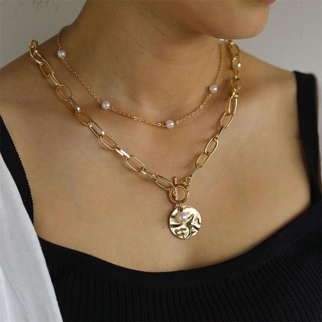 VKME Trendy Multilayered Butterfly Pearl Necklace For Women Fashion Sun Star Gold Pearl Choker Necklaces 2021 Trend Jewelry Gift
