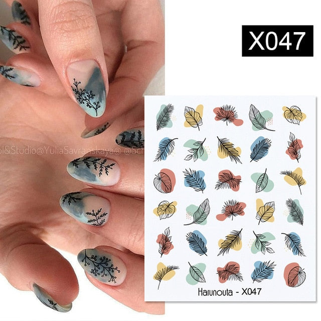 Harunouta Spring Simple Green Theme Water Decal Sticker Flower Leaf Tree Summer DIY Slider For Manicuring Nail Art Watermarks