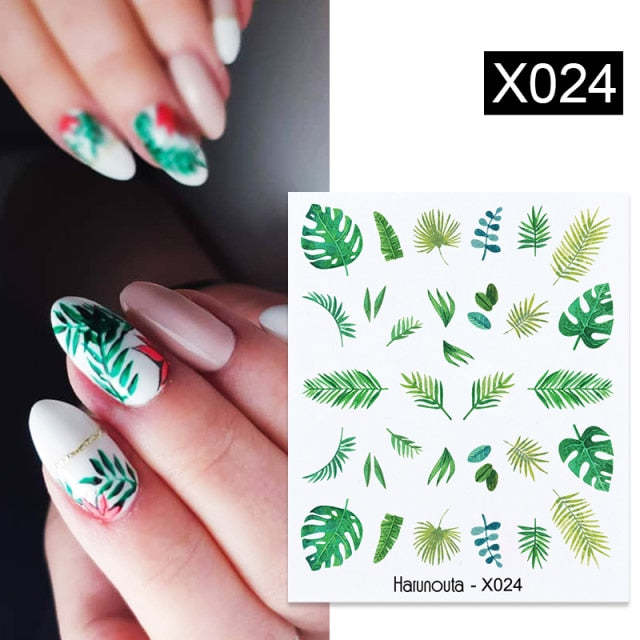 Harunouta Spring Simple Green Theme Water Decal Sticker Flower Leaf Tree Summer DIY Slider For Manicuring Nail Art Watermarks