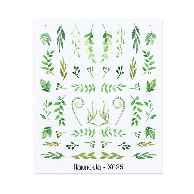 Harunouta Spring Simple Green Theme Water Decal Sticker Flower Leaf Tree Summer DIY Slider For Manicuring Nail Art Watermarks