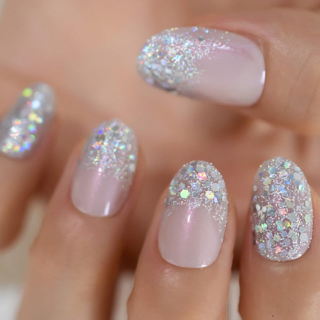 Summer Short Natural Nude White French Nail Tips False Fake Nails UV Gel Press on Ultra Easy Wear for Home Office Wear
