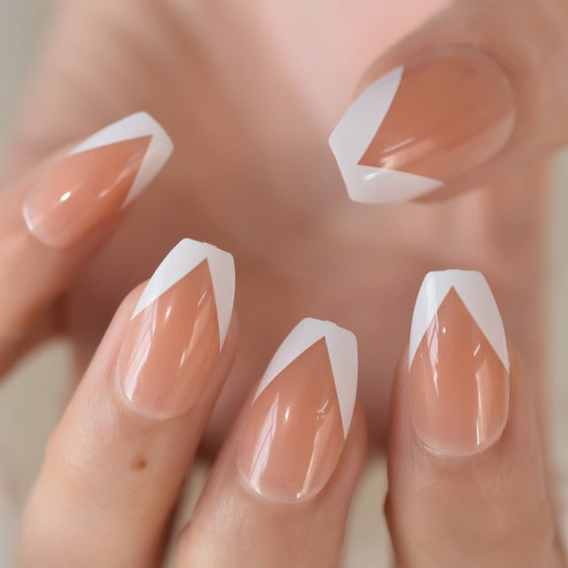Summer Short Natural Nude White French Nail Tips False Fake Nails UV Gel Press on Ultra Easy Wear for Home Office Wear