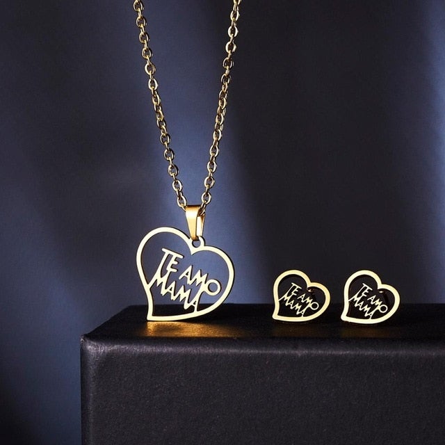 Rinhoo Mother's Day Jewelry Set Gift Stainless Steel Mama Love Heart Rose Flower Pendant Necklace Earrings Mom Thanksgiving Gift