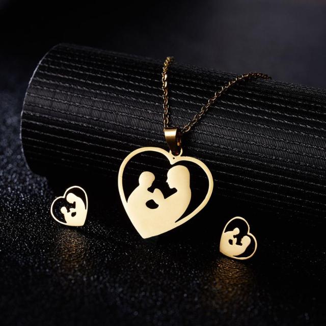 Rinhoo Mother's Day Jewelry Set Gift Stainless Steel Mama Love Heart Rose Flower Pendant Necklace Earrings Mom Thanksgiving Gift