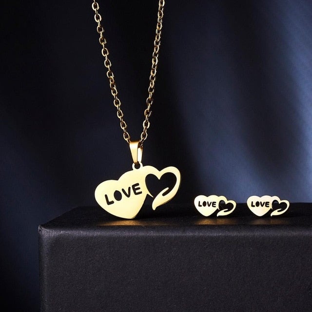 Rinhoo Mother's Day Jewelry Set Gift Stainless Steel Mama Love Heart Rose Flower Pendant Necklace Earrings Mom Thanksgiving Gift