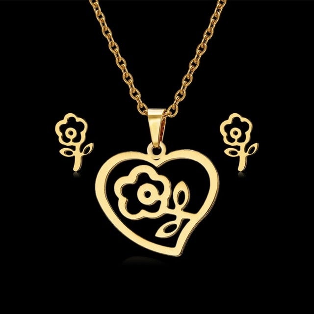 Rinhoo Mother's Day Jewelry Set Gift Stainless Steel Mama Love Heart Rose Flower Pendant Necklace Earrings Mom Thanksgiving Gift