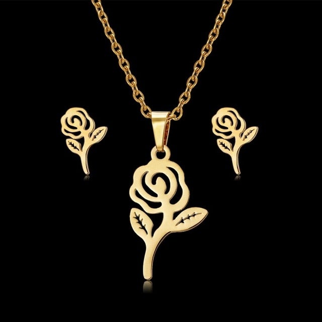 Rinhoo Mother's Day Jewelry Set Gift Stainless Steel Mama Love Heart Rose Flower Pendant Necklace Earrings Mom Thanksgiving Gift