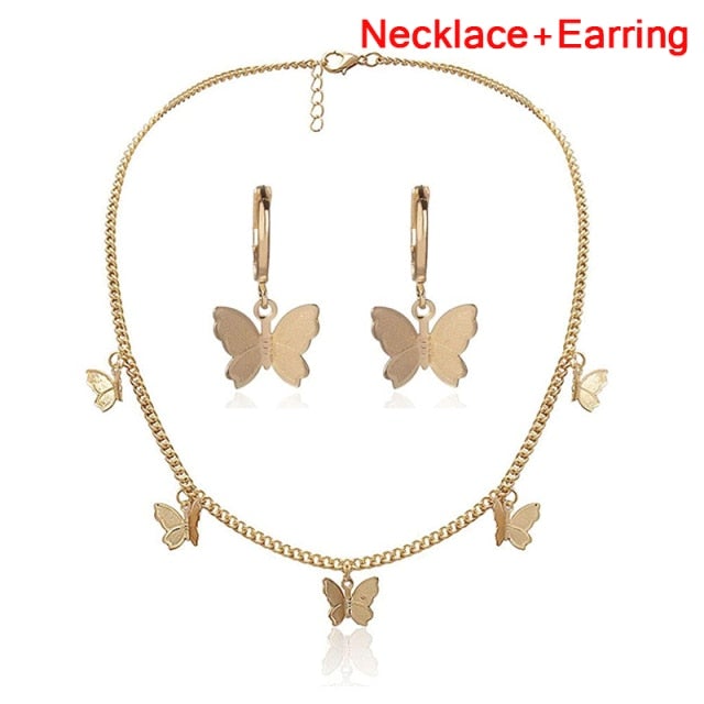 Butterfly Necklace Earrings Set Adjustable Butterfly Chain Necklace Charm Hoop Earrings Butterfly Jewelry for Women Girls