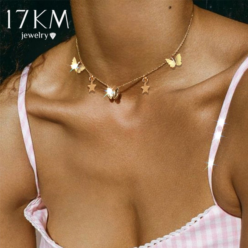 17KM Trendy Butterfly Star Pendant Necklace For Women Punk Gold Silver Color Choker Necklaces 2021 Collares Jewelry Gift