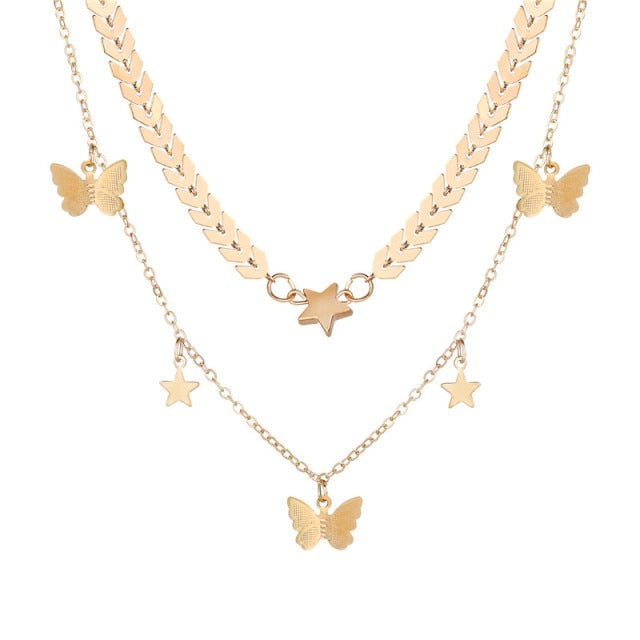 17KM Trendy Butterfly Star Pendant Necklace For Women Punk Gold Silver Color Choker Necklaces 2021 Collares Jewelry Gift