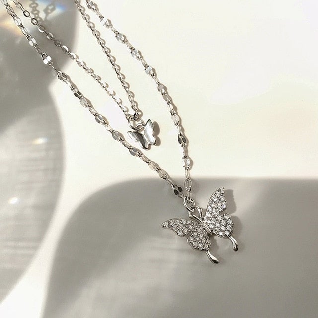 925 Sterling Silver Color O-Chain Double Layer Exquisite Butterfly Pendant Choker Necklace Wedding Gift For Women Fine Jewelry