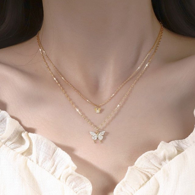 925 Sterling Silver Color O-Chain Double Layer Exquisite Butterfly Pendant Choker Necklace Wedding Gift For Women Fine Jewelry