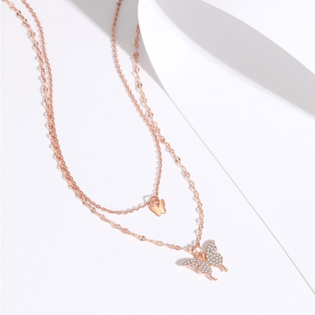 925 Sterling Silver Color O-Chain Double Layer Exquisite Butterfly Pendant Choker Necklace Wedding Gift For Women Fine Jewelry