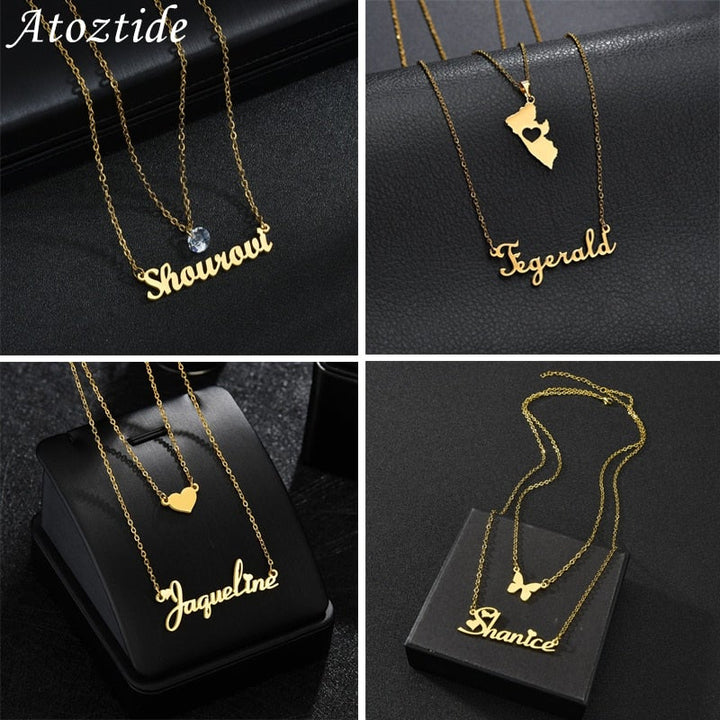 Custom Double Layer Name Necklace For Women Heart Butterfly Name Choker Necklaces Pendant Necklace Friendship Birthday Gifts