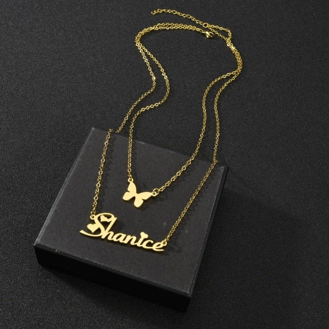Custom Double Layer Name Necklace For Women Heart Butterfly Name Choker Necklaces Pendant Necklace Friendship Birthday Gifts