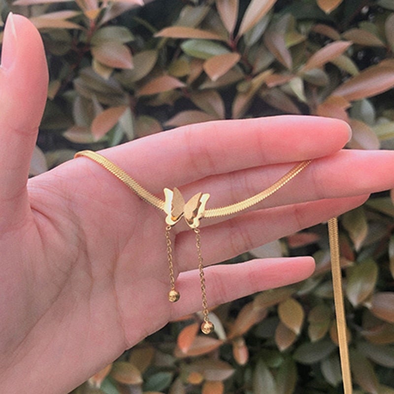Butterfly Choker For Women Adjustable Gold Chain Charm Stainless Steel Necklace Kpop Delicate Pendant Necklace Bridal Jewelry