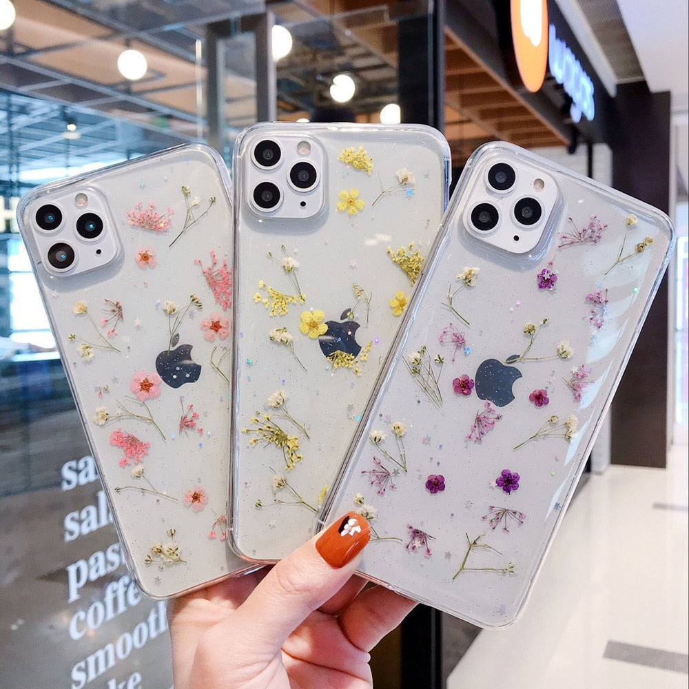 Real Grass Flowers Girls' favorite Mobile Shell For iPhone 7 8 Plus X XR XSMax 12 Mini 11 12 Pro Max SE 2 Clear Phone Cover Case