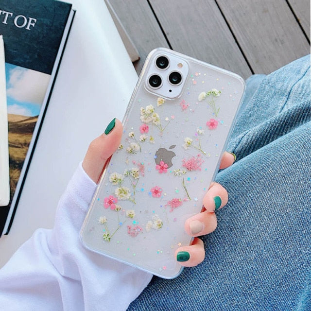 Real Grass Flowers Girls' favorite Mobile Shell For iPhone 7 8 Plus X XR XSMax 12 Mini 11 12 Pro Max SE 2 Clear Phone Cover Case