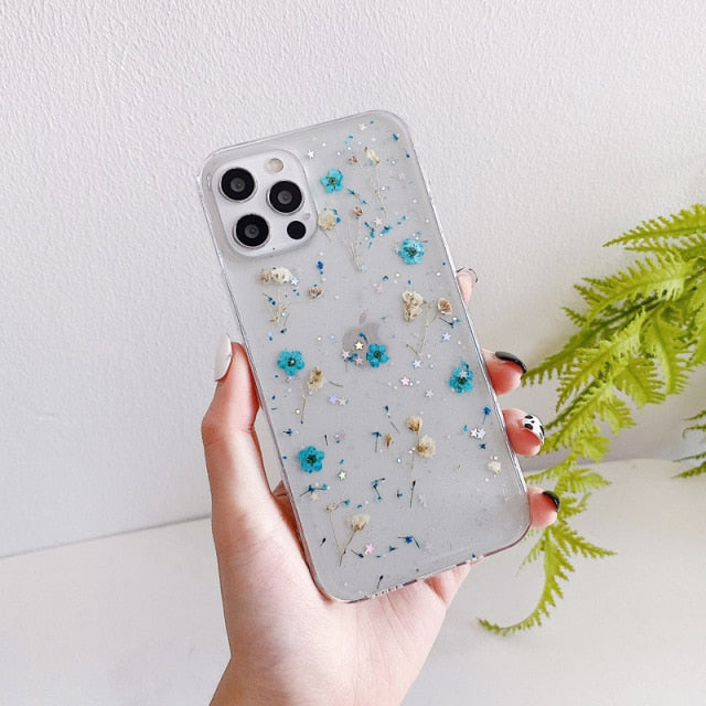 Real Grass Flowers Girls' favorite Mobile Shell For iPhone 7 8 Plus X XR XSMax 12 Mini 11 12 Pro Max SE 2 Clear Phone Cover Case