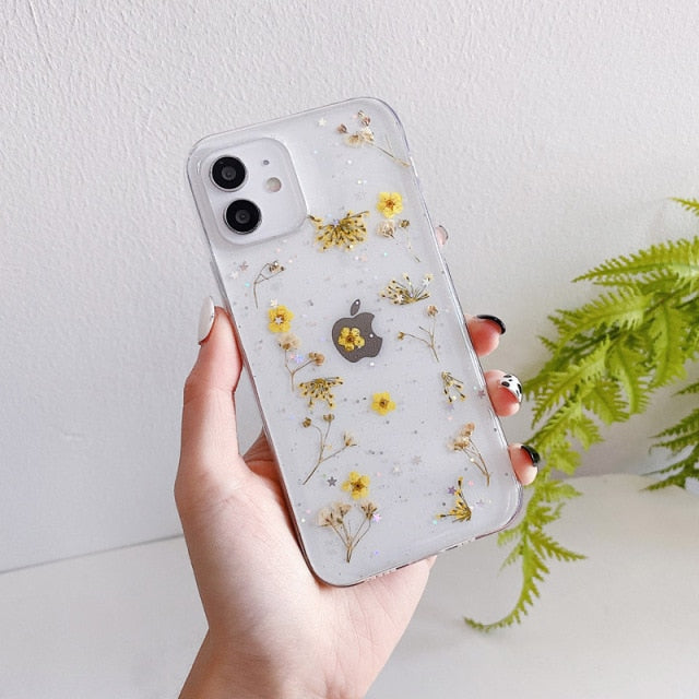 Real Grass Flowers Girls' favorite Mobile Shell For iPhone 7 8 Plus X XR XSMax 12 Mini 11 12 Pro Max SE 2 Clear Phone Cover Case